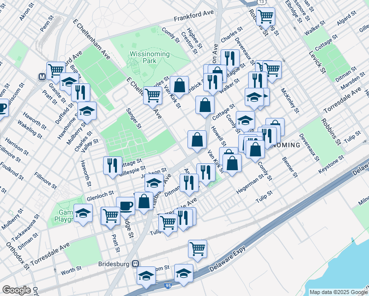 map of restaurants, bars, coffee shops, grocery stores, and more near 1955 East Cheltenham Avenue in Philadelphia