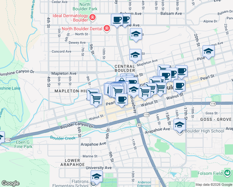 map of restaurants, bars, coffee shops, grocery stores, and more near 1026 Spruce Street in Boulder