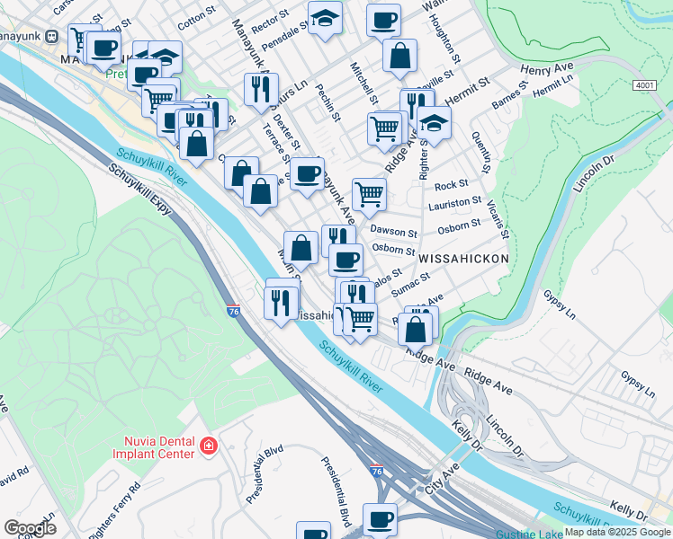 map of restaurants, bars, coffee shops, grocery stores, and more near 129 Vassar Street in Philadelphia