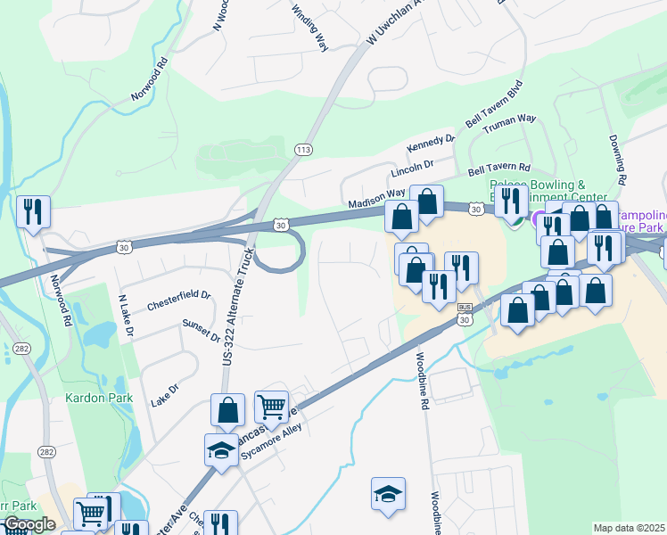 map of restaurants, bars, coffee shops, grocery stores, and more near 6 Wetherburn Drive in Downingtown