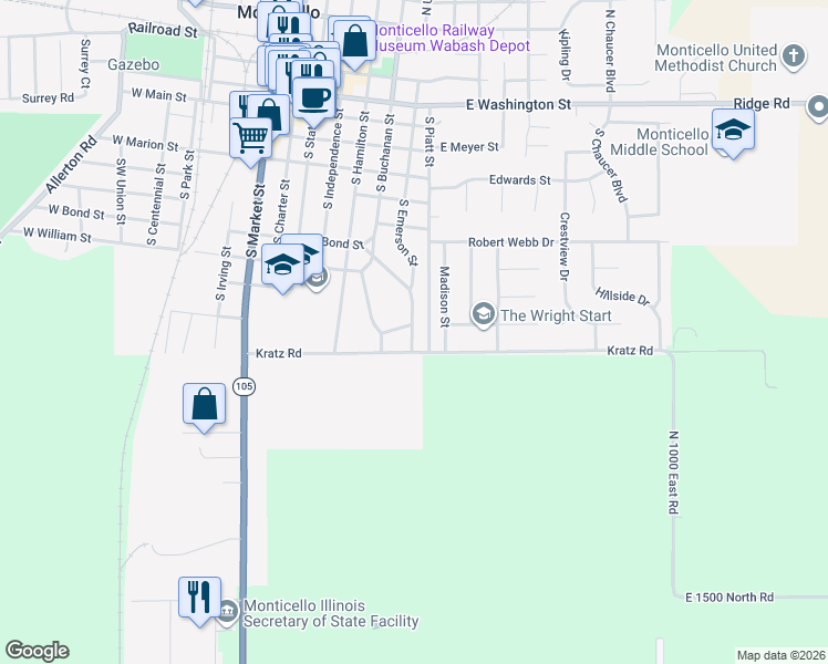 map of restaurants, bars, coffee shops, grocery stores, and more near 900 Madison Street in Monticello