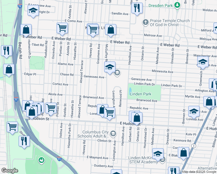 map of restaurants, bars, coffee shops, grocery stores, and more near 2589 Mcguffey Road in Columbus