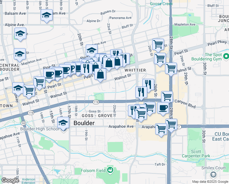 map of restaurants, bars, coffee shops, grocery stores, and more near 1829 22nd Street in Boulder