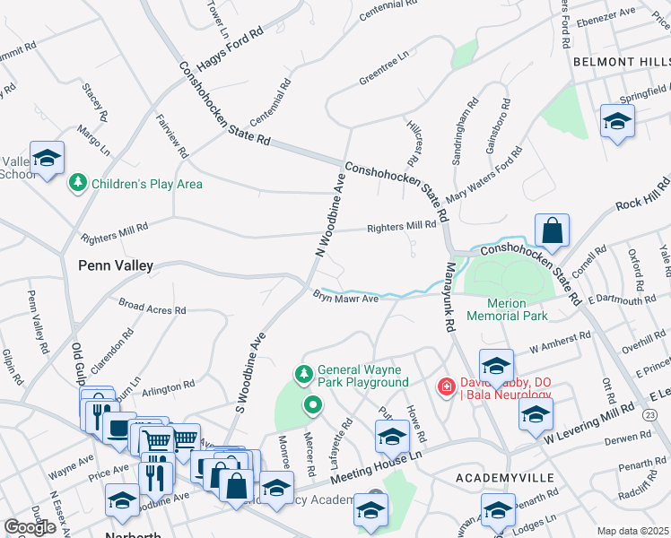 map of restaurants, bars, coffee shops, grocery stores, and more near 815 North Woodbine Avenue in Penn Valley