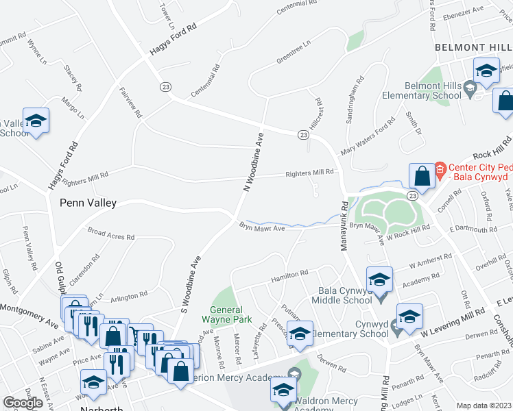 map of restaurants, bars, coffee shops, grocery stores, and more near 815 North Woodbine Avenue in Penn Valley