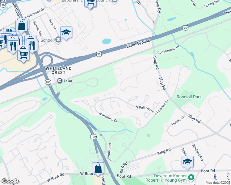 map of restaurants, bars, coffee shops, grocery stores, and more near 593 Coach Hill Court in West Chester