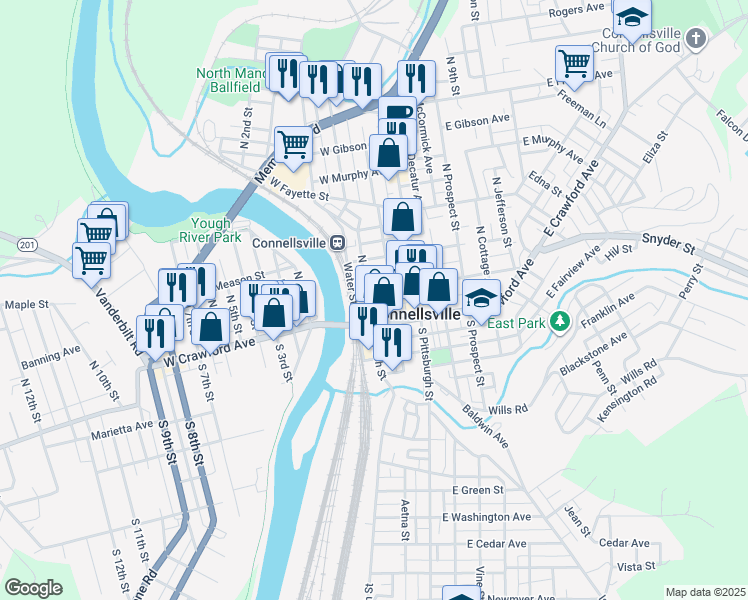 map of restaurants, bars, coffee shops, grocery stores, and more near 115 North Arch Street in Connellsville