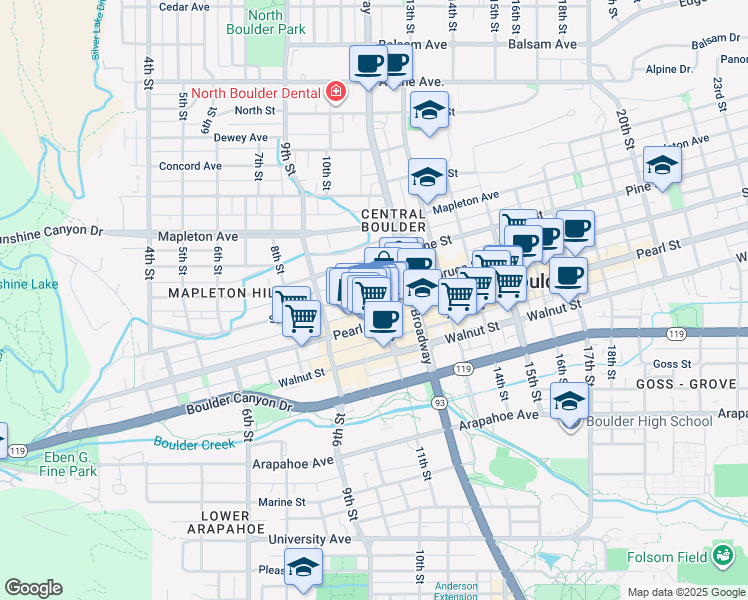 map of restaurants, bars, coffee shops, grocery stores, and more near 2039 11th Street in Boulder
