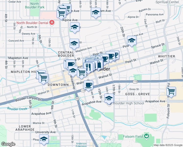 map of restaurants, bars, coffee shops, grocery stores, and more near 1900 15th Street in Boulder