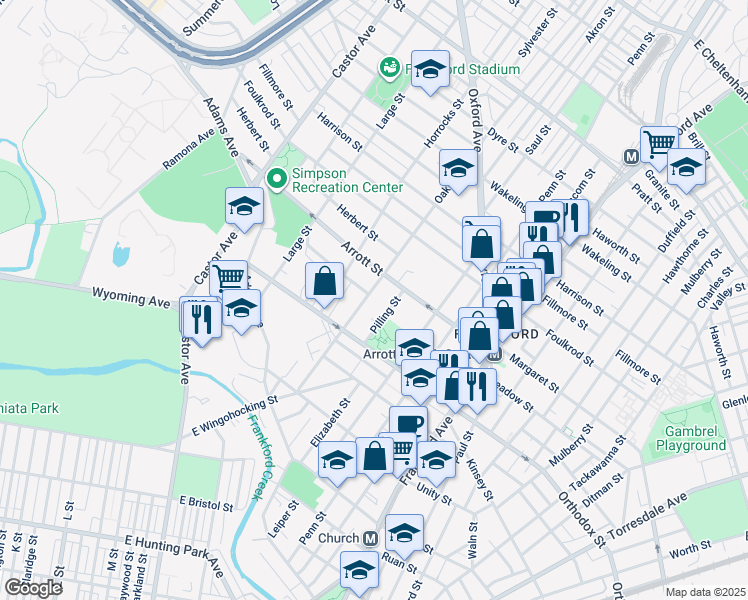 map of restaurants, bars, coffee shops, grocery stores, and more near 4657 Oakland Street in Philadelphia