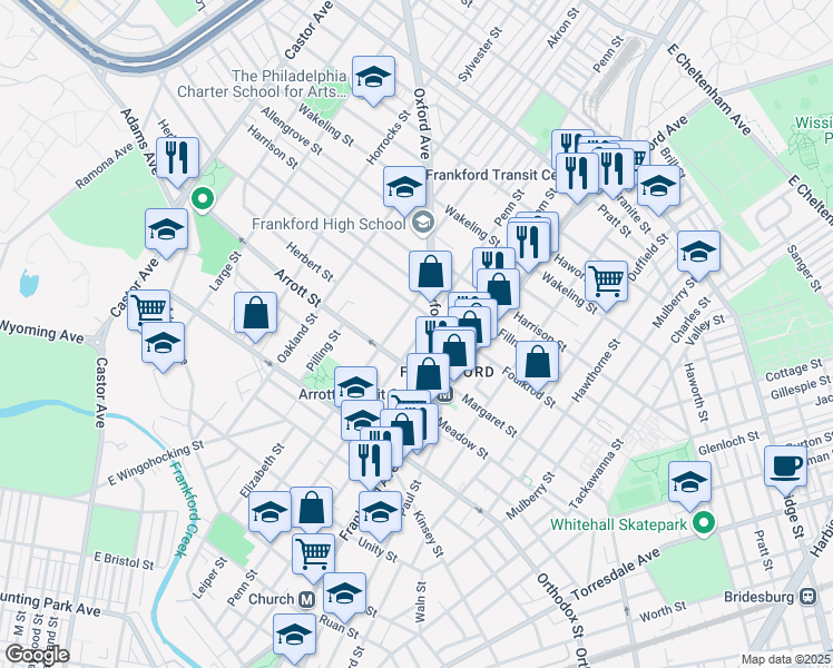 map of restaurants, bars, coffee shops, grocery stores, and more near 4732 Penn Street in Philadelphia