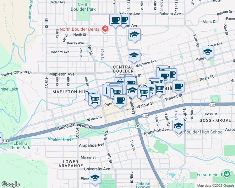 map of restaurants, bars, coffee shops, grocery stores, and more near in Boulder