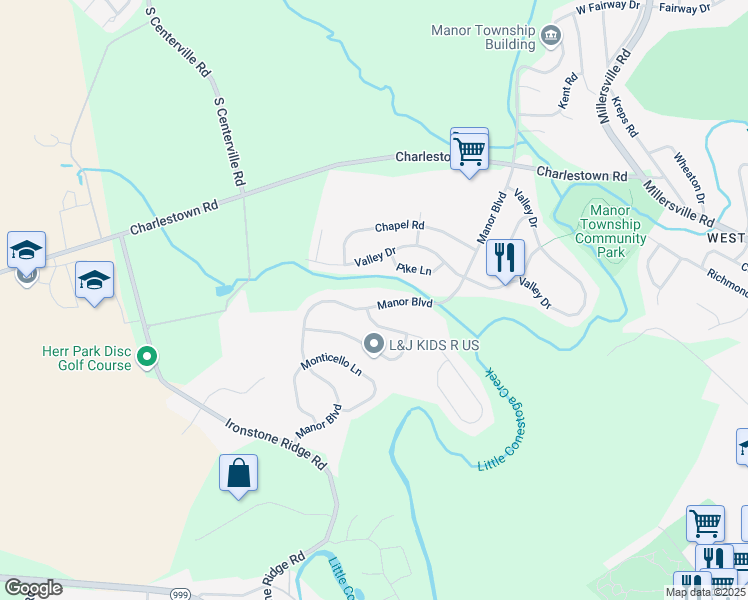 map of restaurants, bars, coffee shops, grocery stores, and more near 1526 Manor Boulevard in Lancaster