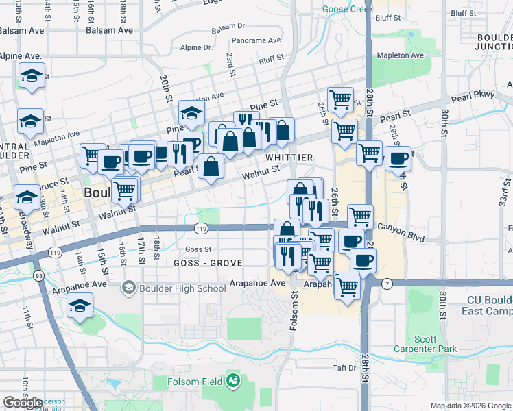 map of restaurants, bars, coffee shops, grocery stores, and more near 1834 22nd Street in Boulder