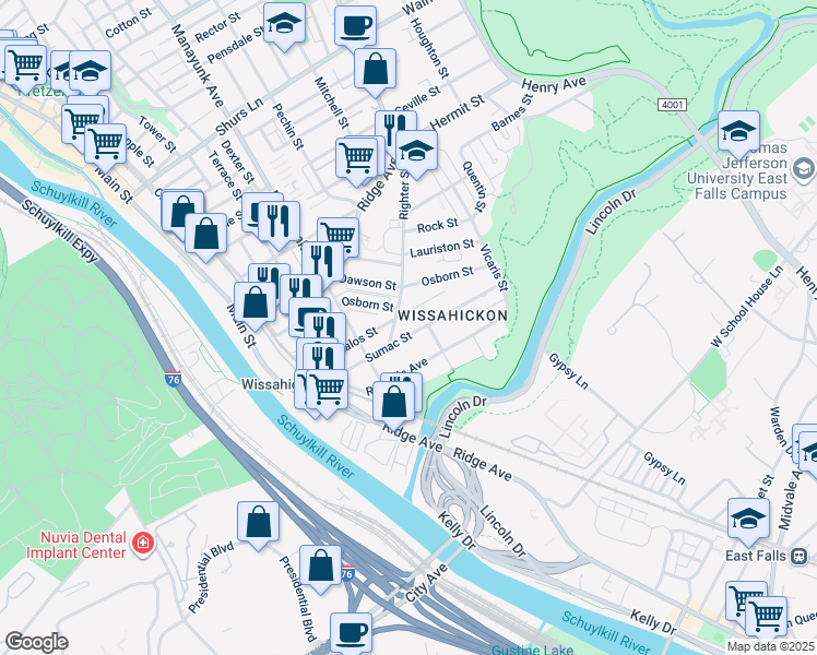 map of restaurants, bars, coffee shops, grocery stores, and more near 153 Sumac Street in Philadelphia