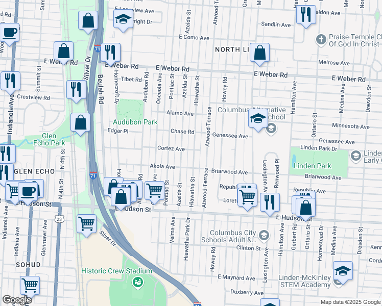 map of restaurants, bars, coffee shops, grocery stores, and more near 2618 Hiawatha Street in Columbus