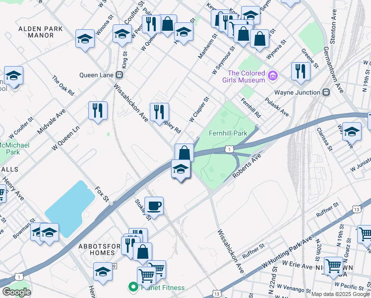 map of restaurants, bars, coffee shops, grocery stores, and more near 567 West Abbottsford Avenue in Philadelphia