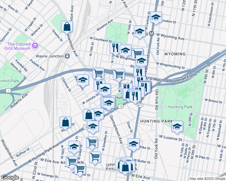 map of restaurants, bars, coffee shops, grocery stores, and more near 1633 Dounton Street in Philadelphia