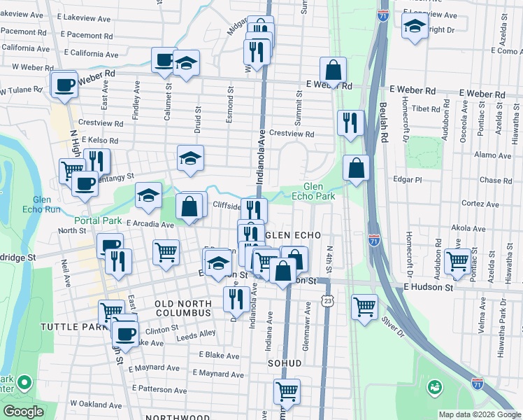 map of restaurants, bars, coffee shops, grocery stores, and more near 356 Cliffside Drive in Columbus