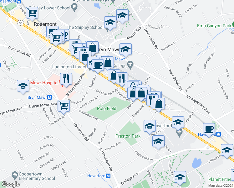 map of restaurants, bars, coffee shops, grocery stores, and more near 670 Dayton Road in Bryn Mawr
