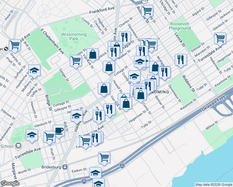 map of restaurants, bars, coffee shops, grocery stores, and more near 5821 Jackson Street in Philadelphia