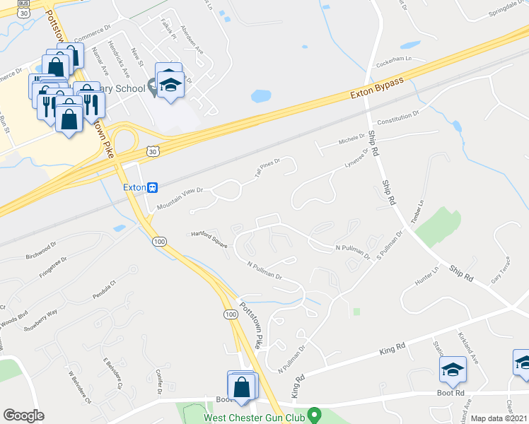 map of restaurants, bars, coffee shops, grocery stores, and more near 606 Coach Hill Court in West Chester