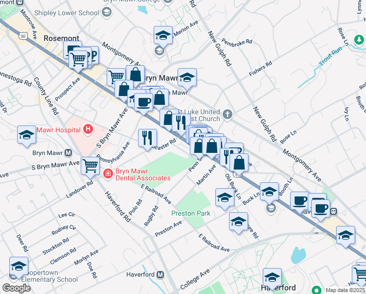 map of restaurants, bars, coffee shops, grocery stores, and more near 659 Dayton Road in Bryn Mawr