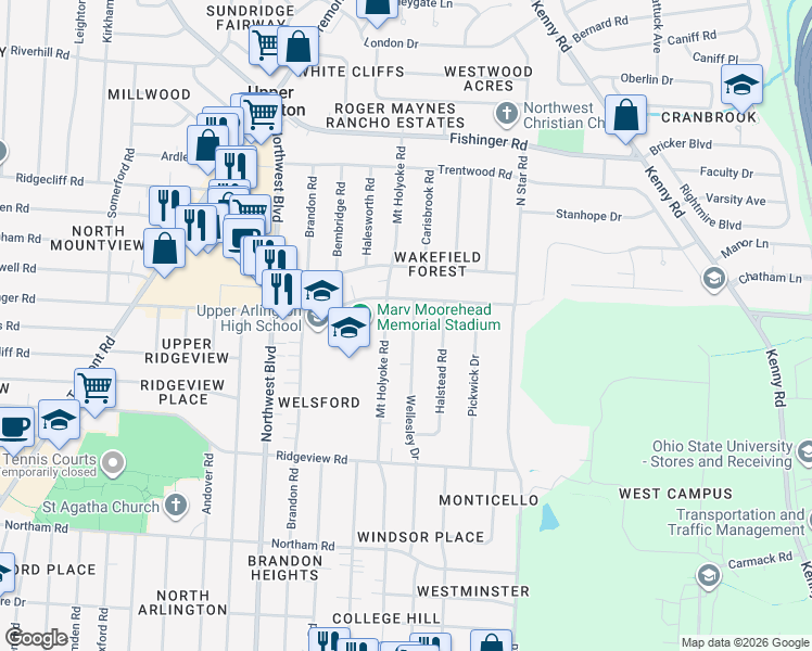 map of restaurants, bars, coffee shops, grocery stores, and more near 2971 Wellesley Drive in Columbus
