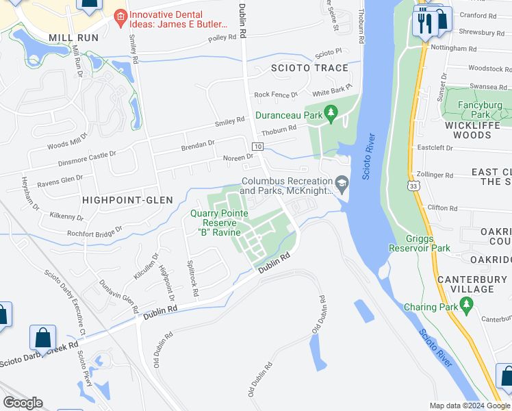 map of restaurants, bars, coffee shops, grocery stores, and more near 3245 Summerdale Lane in Columbus