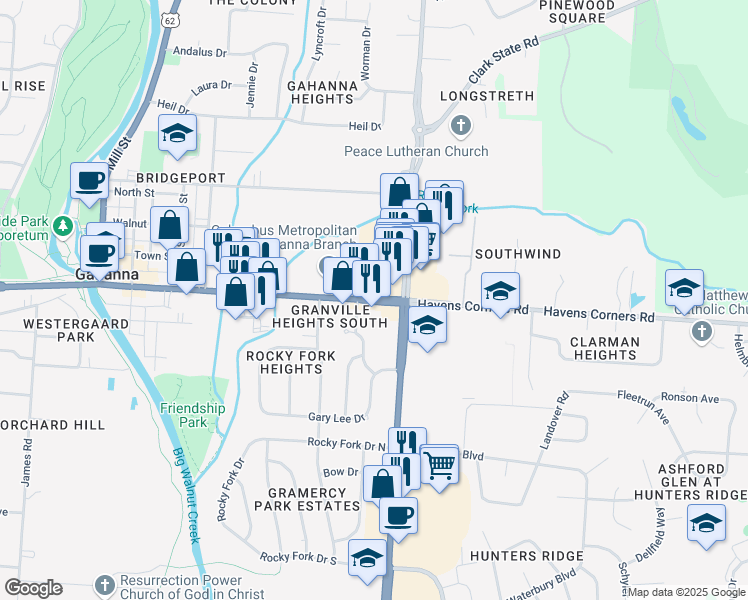 map of restaurants, bars, coffee shops, grocery stores, and more near 380 Granville Street in Gahanna
