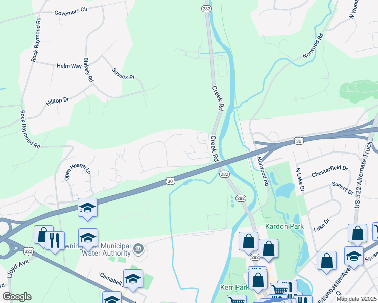 map of restaurants, bars, coffee shops, grocery stores, and more near 2500 Creek Road in Downingtown