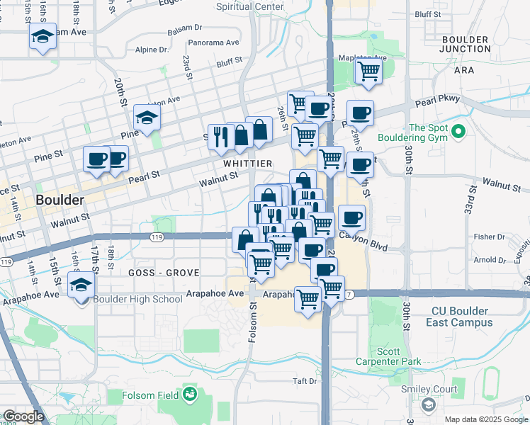 map of restaurants, bars, coffee shops, grocery stores, and more near 1820 Folsom Street in Boulder