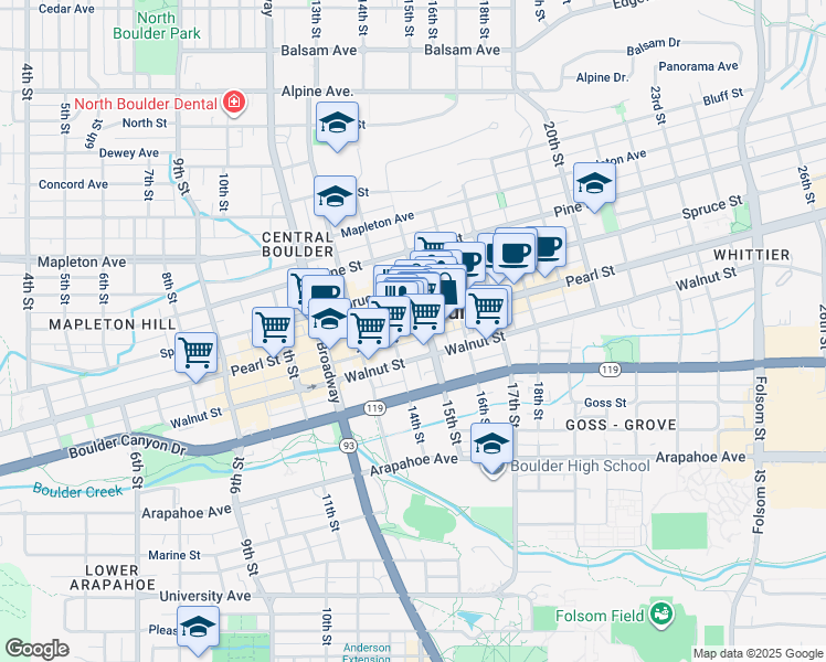 map of restaurants, bars, coffee shops, grocery stores, and more near 1426 Pearl Street in Boulder