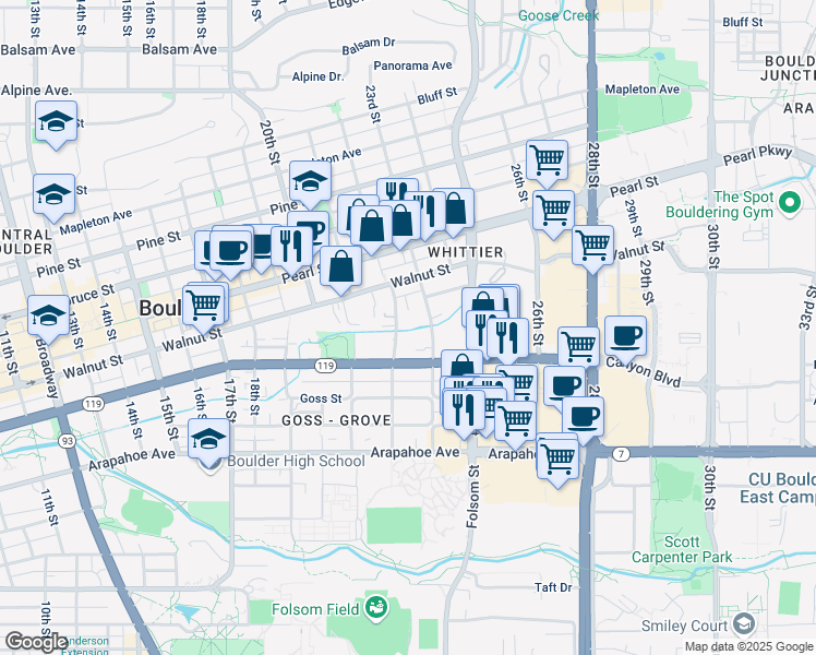 map of restaurants, bars, coffee shops, grocery stores, and more near 1834 22nd Street in Boulder