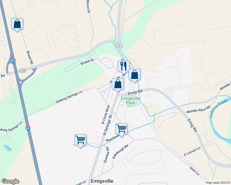 map of restaurants, bars, coffee shops, grocery stores, and more near 3275 Broad Street in York