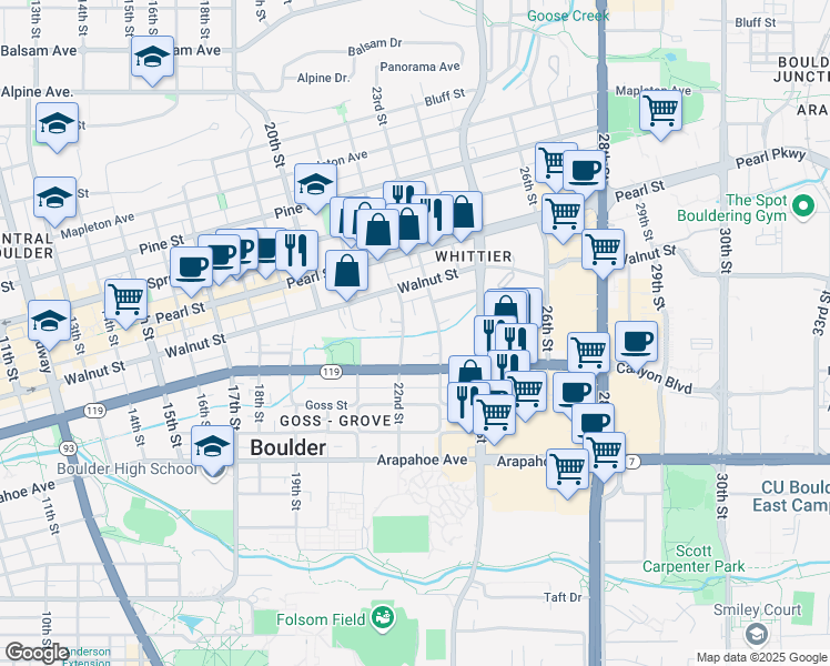 map of restaurants, bars, coffee shops, grocery stores, and more near 1830 22nd Street in Boulder