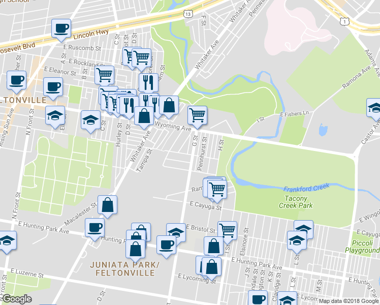 map of restaurants, bars, coffee shops, grocery stores, and more near 4602 G Street in Philadelphia