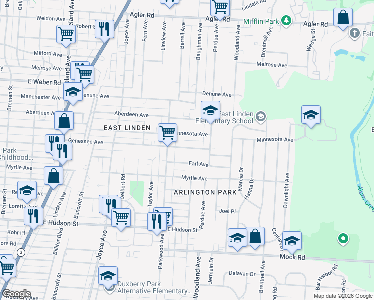 map of restaurants, bars, coffee shops, grocery stores, and more near 2091 Genessee Avenue in Columbus