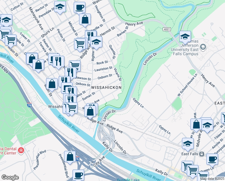 map of restaurants, bars, coffee shops, grocery stores, and more near 241 Rochelle Avenue in Philadelphia