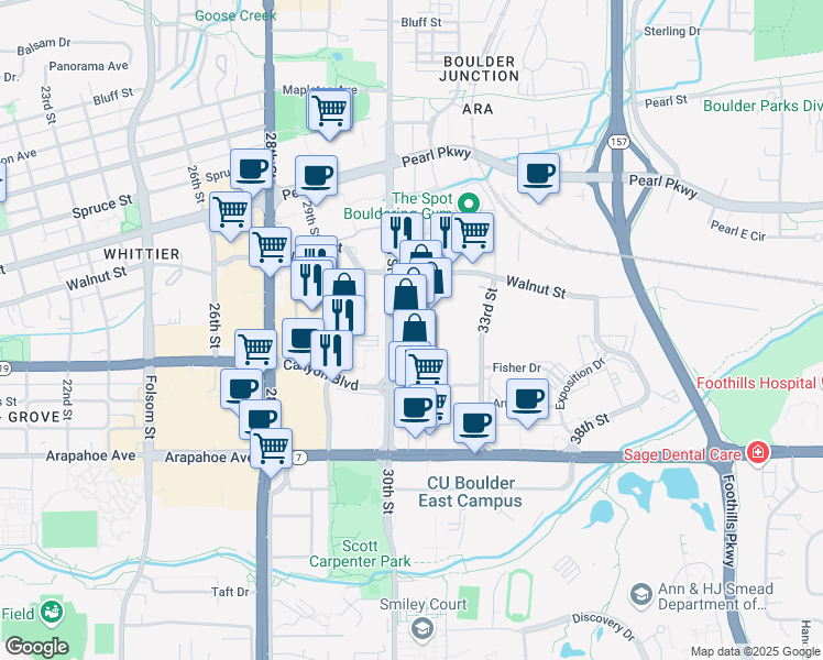 map of restaurants, bars, coffee shops, grocery stores, and more near 1810 30th Street in Boulder