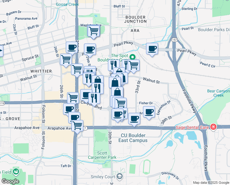map of restaurants, bars, coffee shops, grocery stores, and more near 1810 30th Street in Boulder
