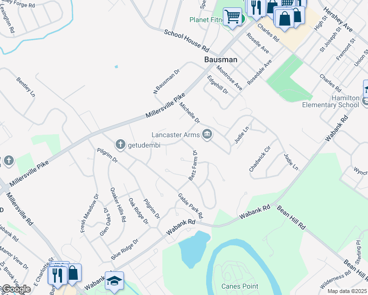 map of restaurants, bars, coffee shops, grocery stores, and more near 1706 Betz Farm Drive in Lancaster