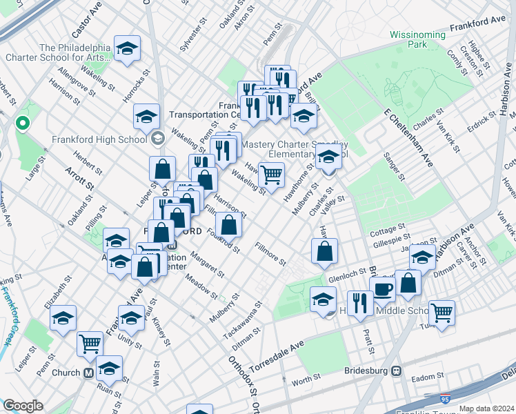 map of restaurants, bars, coffee shops, grocery stores, and more near 4932 Duffield Street in Philadelphia