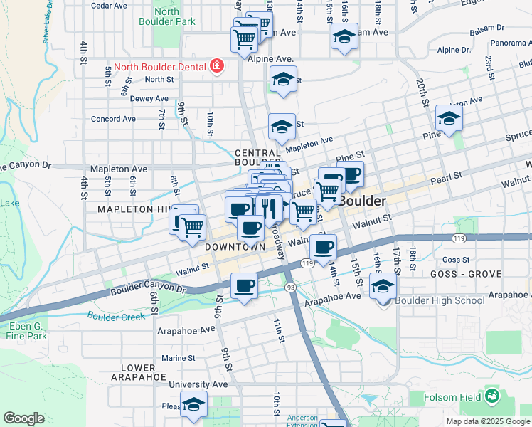 map of restaurants, bars, coffee shops, grocery stores, and more near 2041 Broadway in Boulder