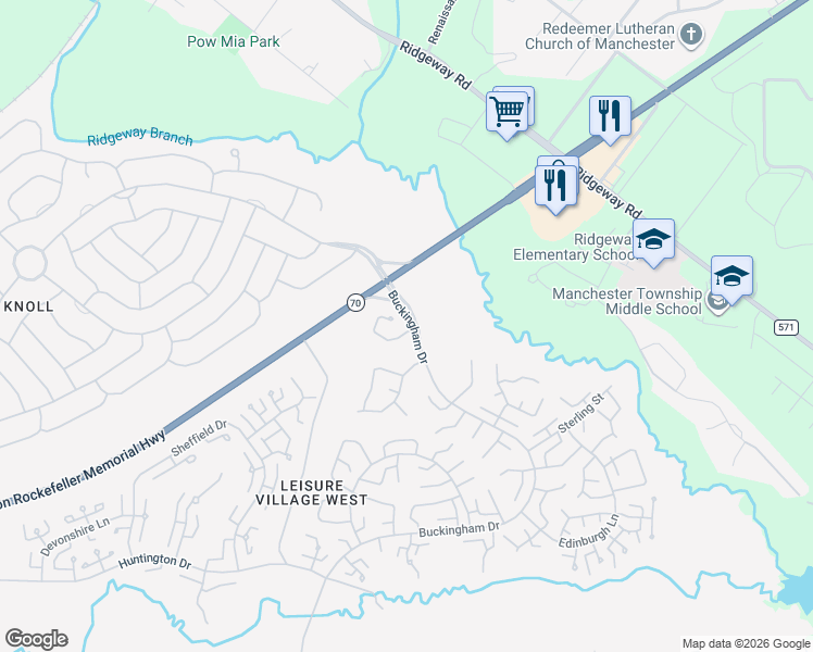 map of restaurants, bars, coffee shops, grocery stores, and more near 669A Buckingham Dr in Manchester Township