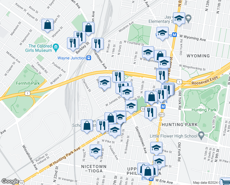 map of restaurants, bars, coffee shops, grocery stores, and more near 1827 Brunner Street in Philadelphia