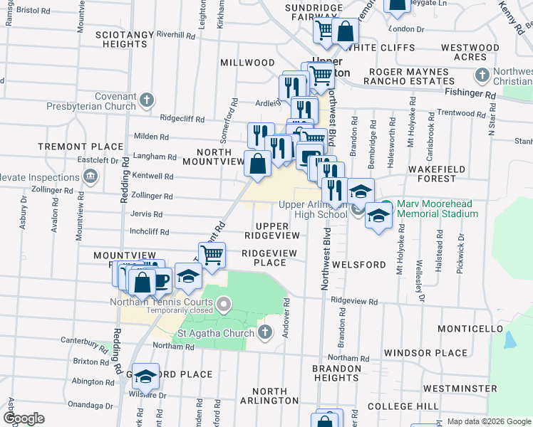 map of restaurants, bars, coffee shops, grocery stores, and more near 3023 Sudbury Road in Columbus