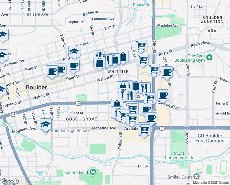 map of restaurants, bars, coffee shops, grocery stores, and more near 1833 Folsom Street in Boulder