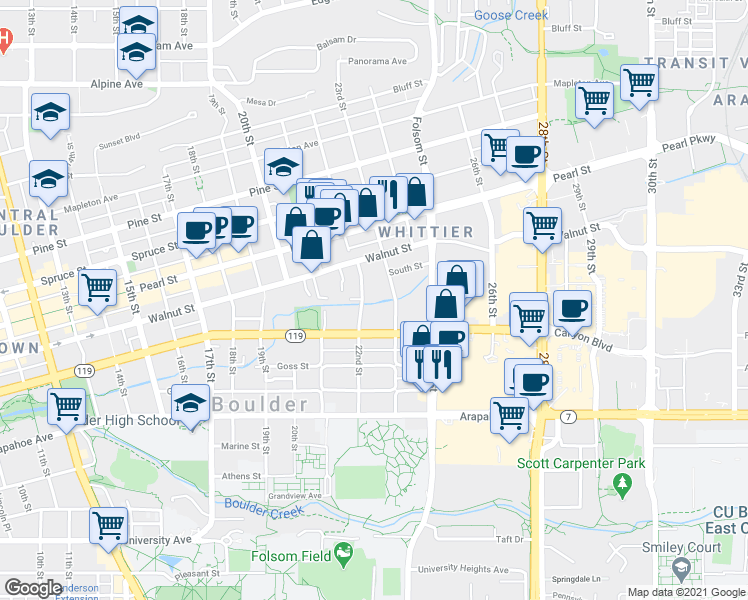 map of restaurants, bars, coffee shops, grocery stores, and more near 1834 22nd Street in Boulder