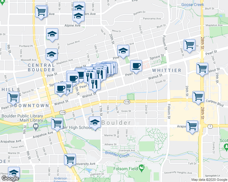 map of restaurants, bars, coffee shops, grocery stores, and more near 1804 Walnut Street in Boulder
